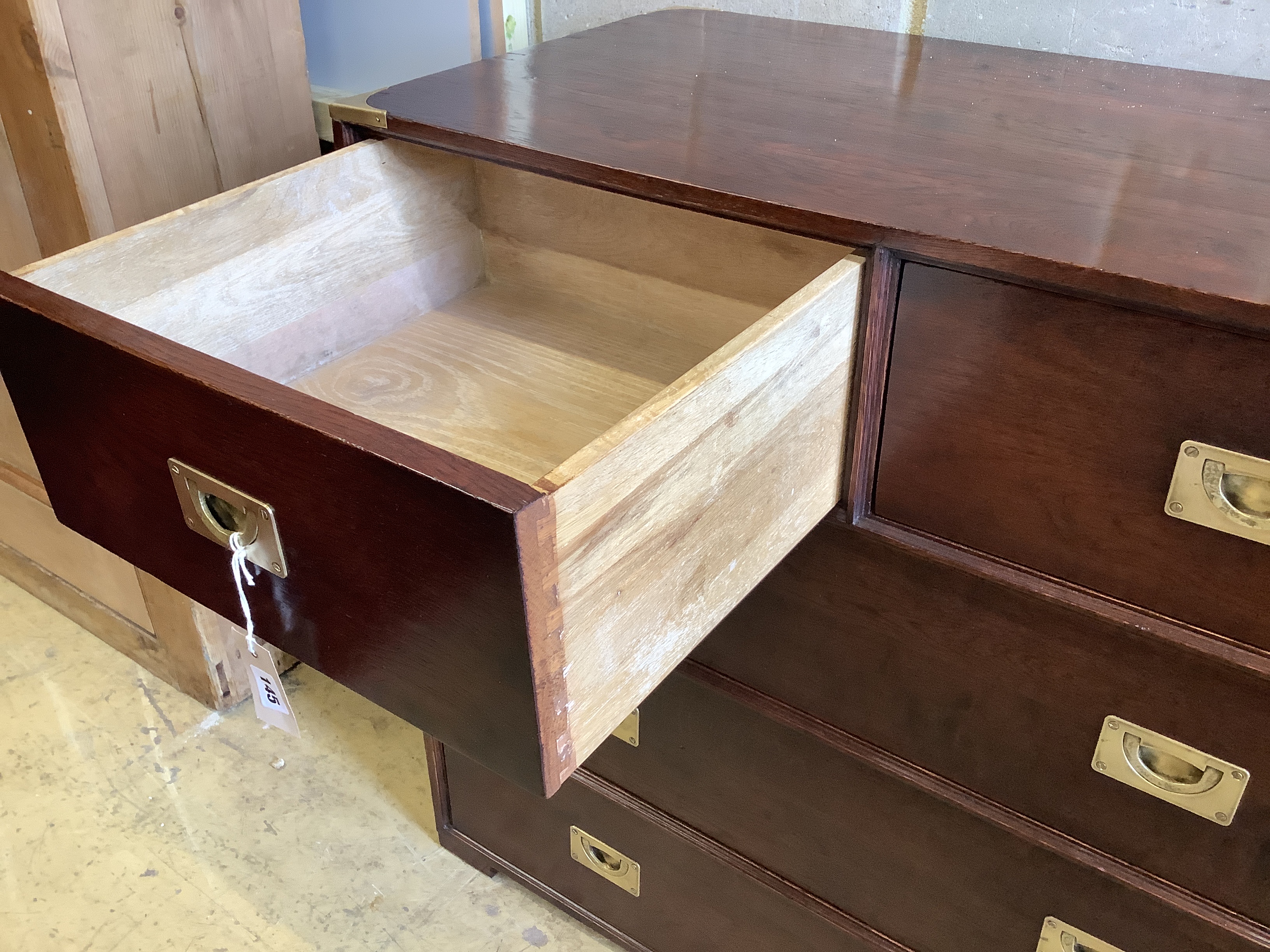 A military style brass mounted oak five drawer chest, width 91cm, depth 47cm, height 83cm